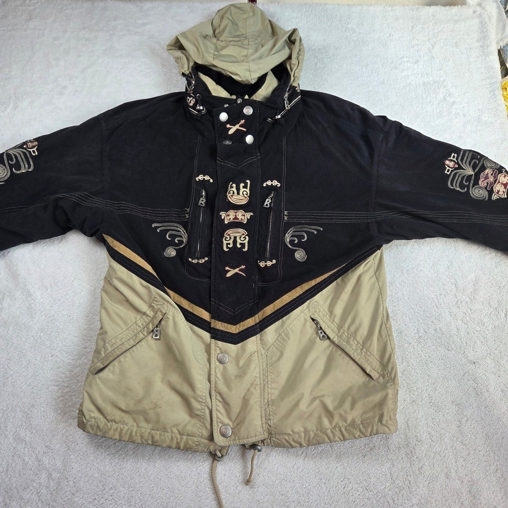 Bogner Mens Vintage Ski Jacket Embroidered Hooded Black Tan Winter Coat L XL